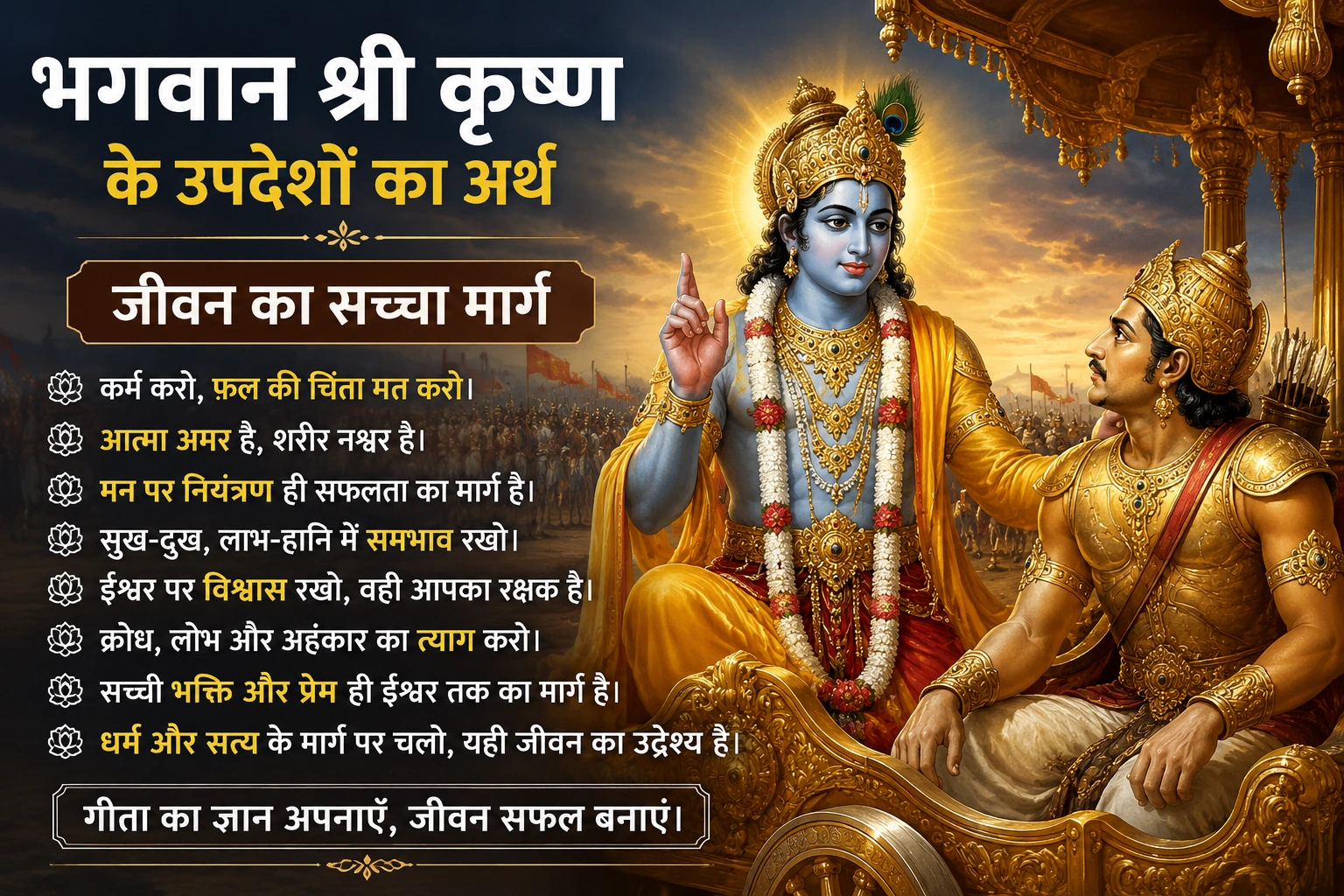 महाभारत युद्धभूमि में भगवान श्रीकृष्ण अर्जुन को श्रीमद्भगवद्गीता का ज्ञान देते हुए। गीता सार जीवन, कर्मयोग, भक्तियोग और आत्मज्ञान का दिव्य संदेश प्रदान करता है।